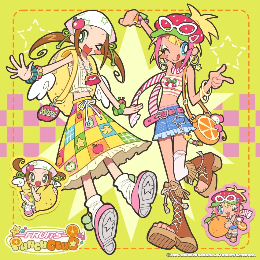 2girls, apple_print, asymmetrical_legwear, backpack, bag, bag_charm, banana_print, bare_shoulders