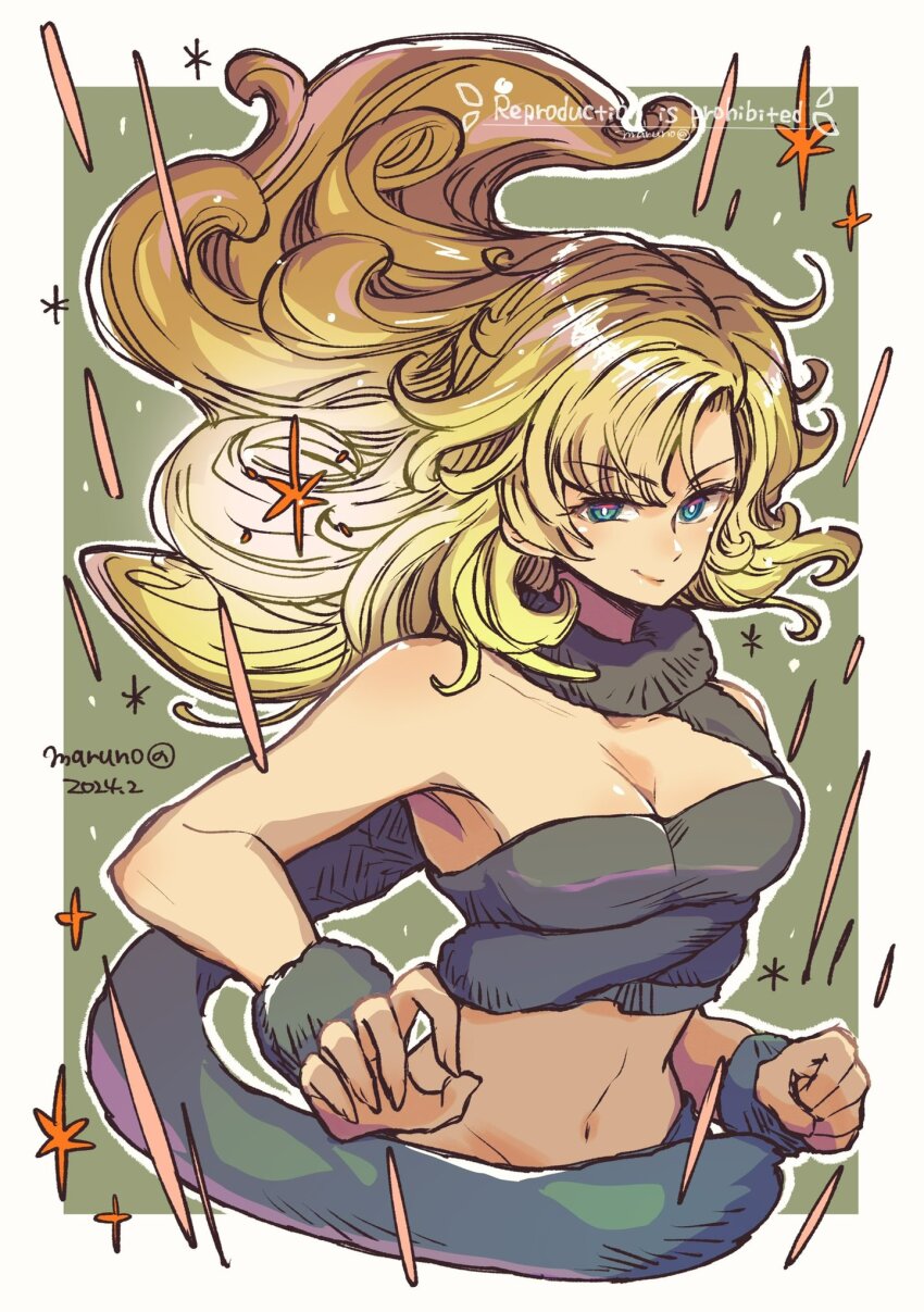 1girl, ayla_(chrono_trigger), bare_shoulders, blonde_hair, blue_eyes, border, breasts, cavewoman