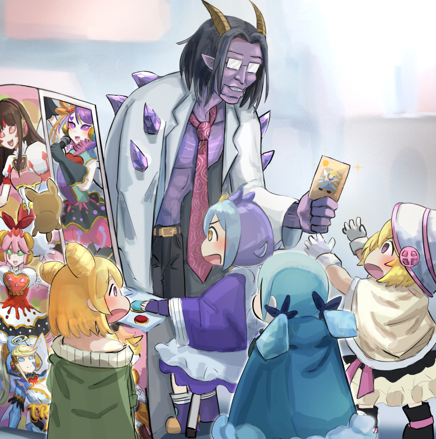 1boy, 4girls, arcade_cabinet, card, coat, colored_skin, demon, demon_boy