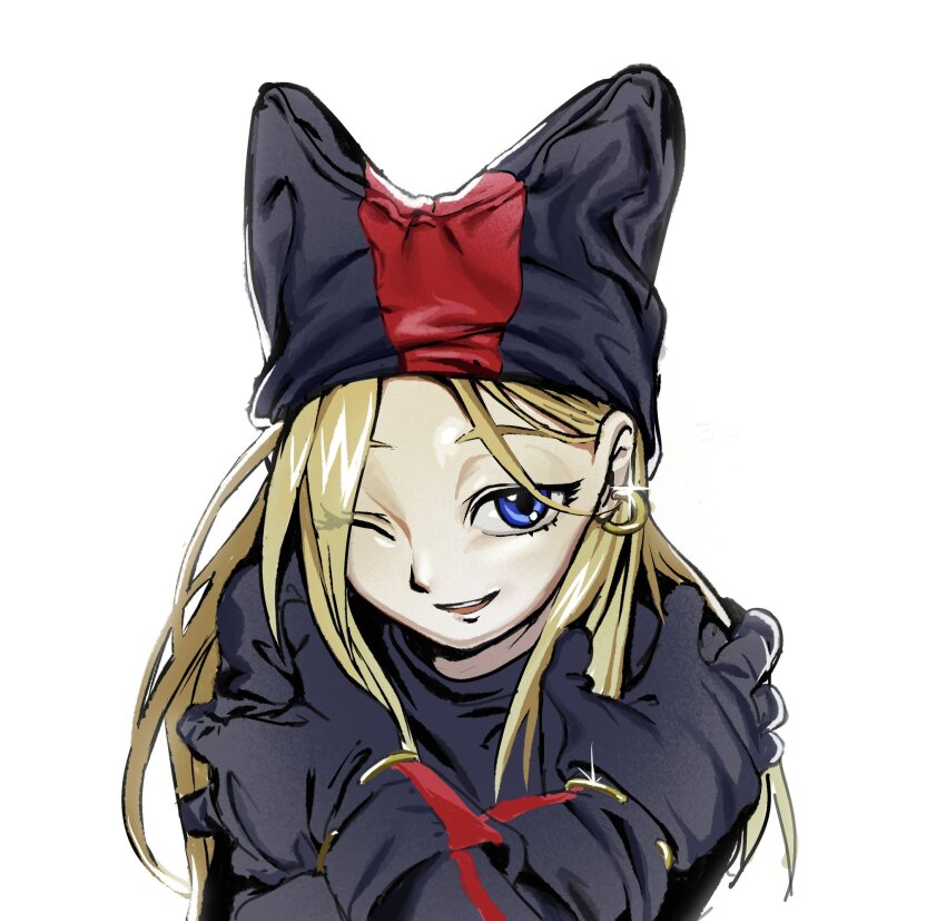 1girl, black_gloves, black_hat, blonde_hair, blue_eyes, commentary_request, cosplay, earrings