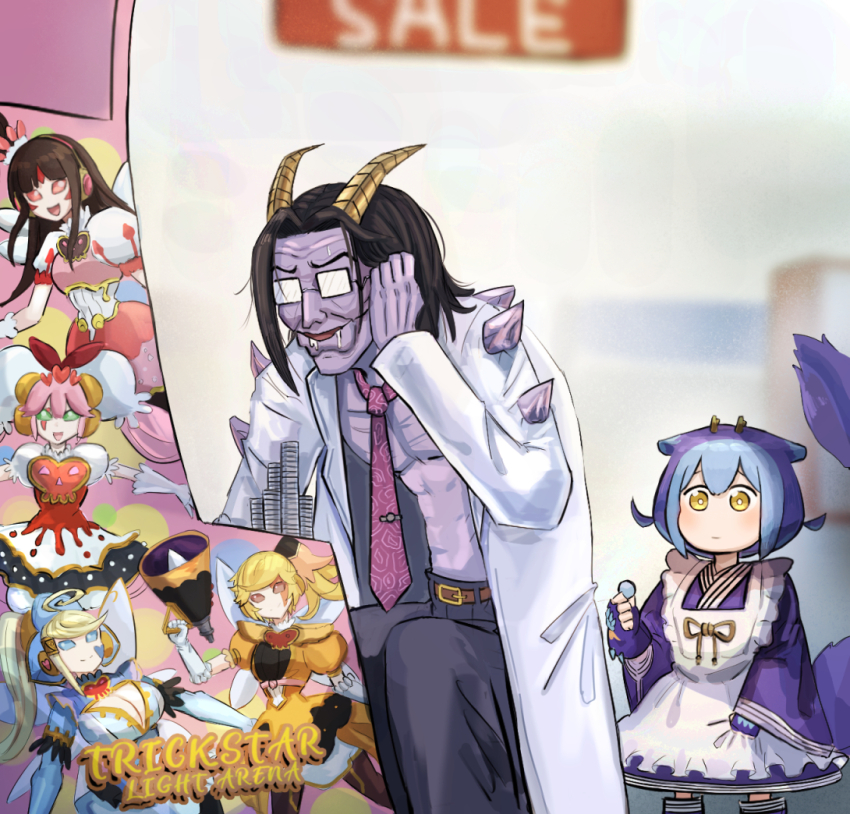 1boy, 1girl, apron, arcade, arcade_cabinet, blonde_hair, blue_eyes, blue_hair