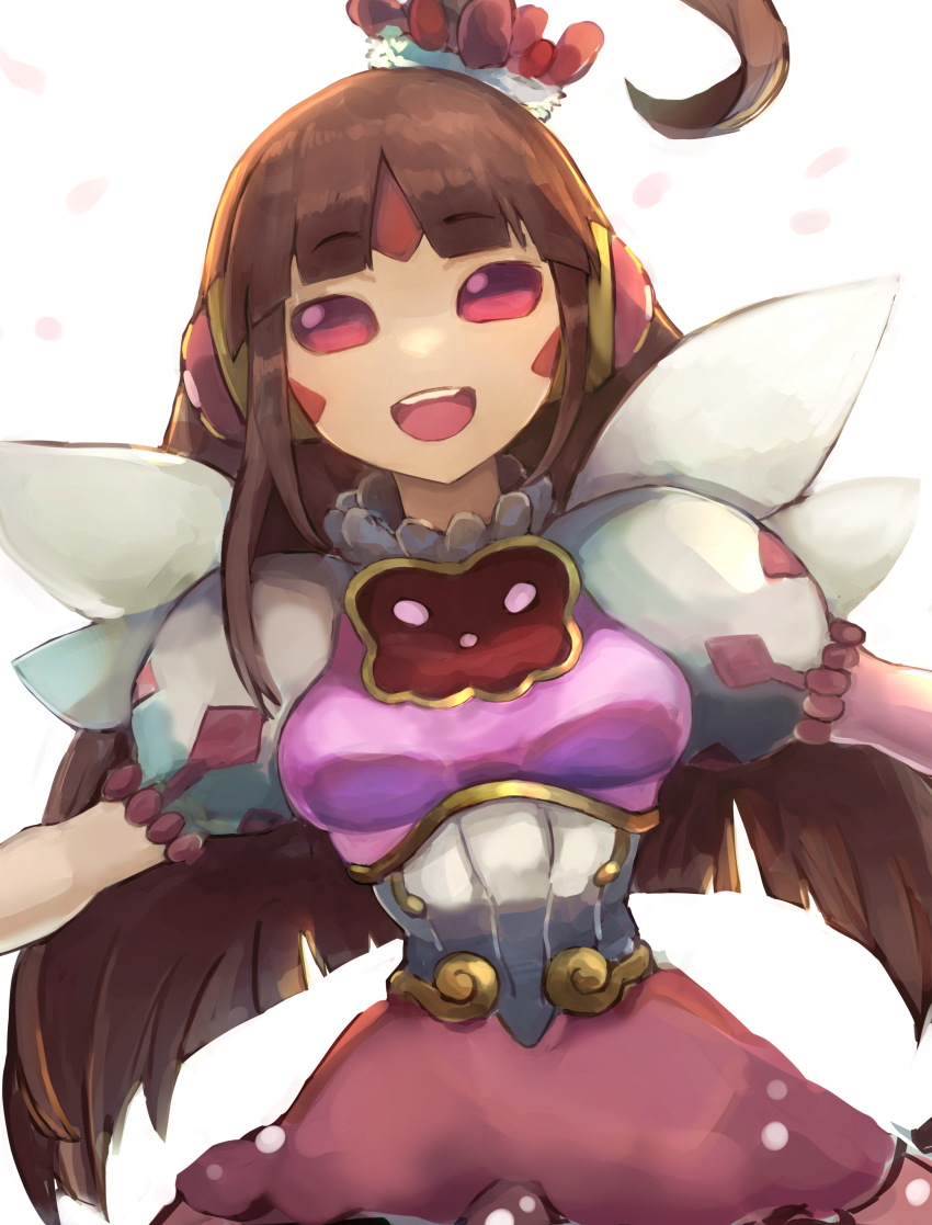 1girl, absurdres, ahoge, blunt_bangs, breasts, brown_hair, dress, duel_monster