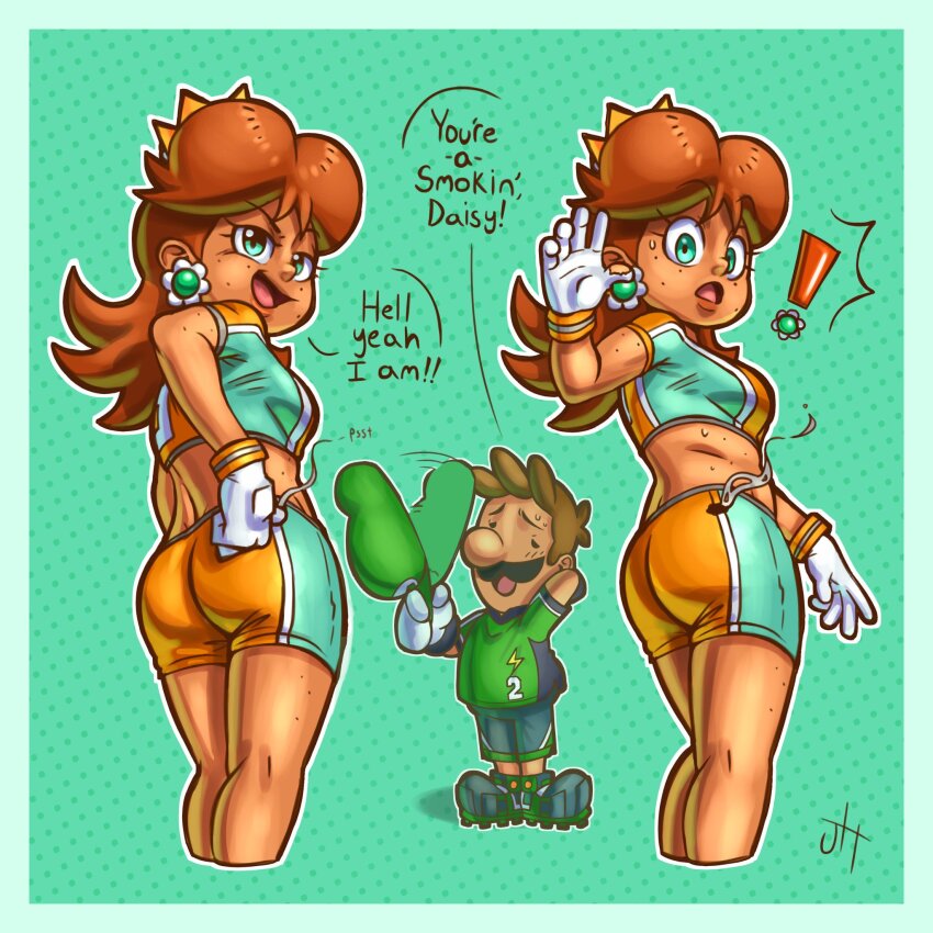 1boy, 1girl, artist_name, ass, blue_eyes, breasts, brown_hair, burning, daisy's_hot_stuff_(meme), earrings, facial_hair, flipped_hair, flower_earrings, full_body, gamertimeartz, gloves, hat, highres, jewelry, looking_at_another, luigi, mario_(series), mario_strikers_(series), midriff, mustache, nintendo, open_mouth, princess_daisy, shorts, smug, standing, super_mario_strikers, surprised, sweat, thighs