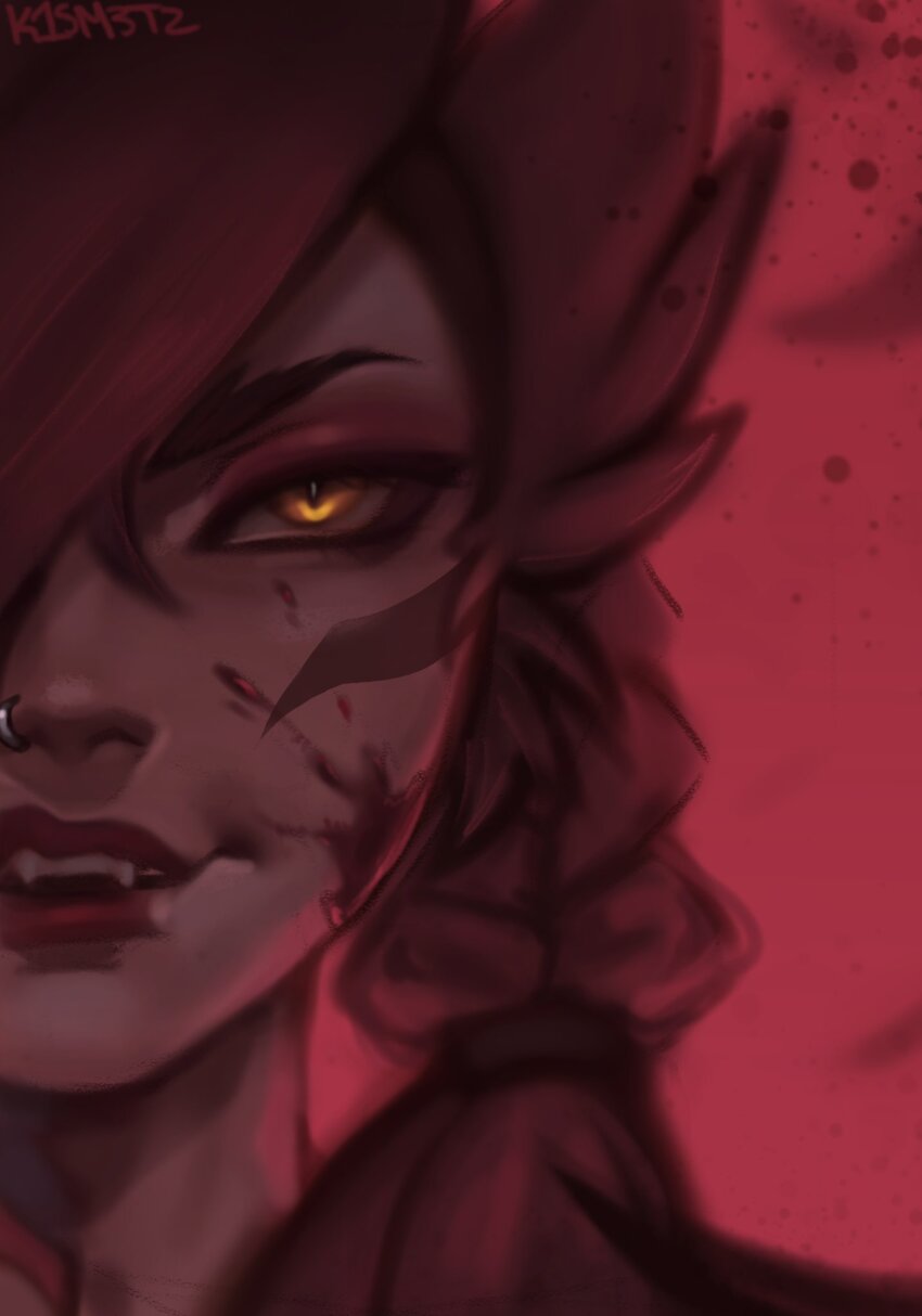 1girl, blood, braid, face_piercing, fangs, hair_over_one_eye, highres, kisume_to