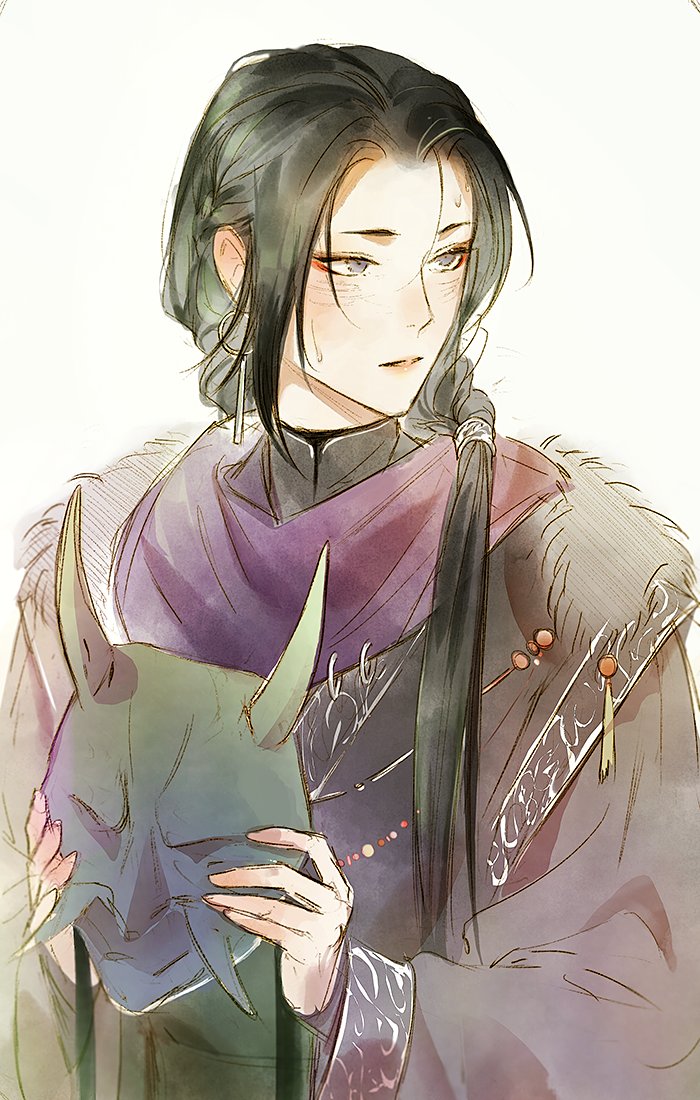 1boy, androgynous, black_hair, black_shirt, braid, chinese_clothes, commentary, earrings