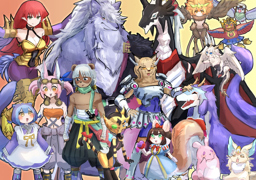 6+boys, 6+girls, bird, blackwing_chinook_the_snow_blast, buster_whelp_of_the_destruction_swordsman, cat_girl, cyber_slash_harpie_lady, dragon, dragonmaid_nudyarl, dragonmaid_sheou, duel_monster, fairy_tail_snow, floowandereeze_&amp;_snowl, flying, folgo_justice_fur_hire, food, fruit, furry, furry_female, furry_male, gladiator_beast_attorix, half-harpy, harpie_lady, hatano_kiyoshi, height_difference, highres, holding, holding_food, holding_fruit, house_dragonmaid, japanese_clothes, kitt_(yu-gi-oh!), laundry_dragonmaid, legendary_fire_king_ponix, lunalight_tiger, maid, melffy_rabby, multiple_boys, multiple_girls, navel, purrely, raccoon_boy, tri-brigade_kitt, wa_maid, wolf_boy, yosenju_kama_3, yu-gi-oh!
