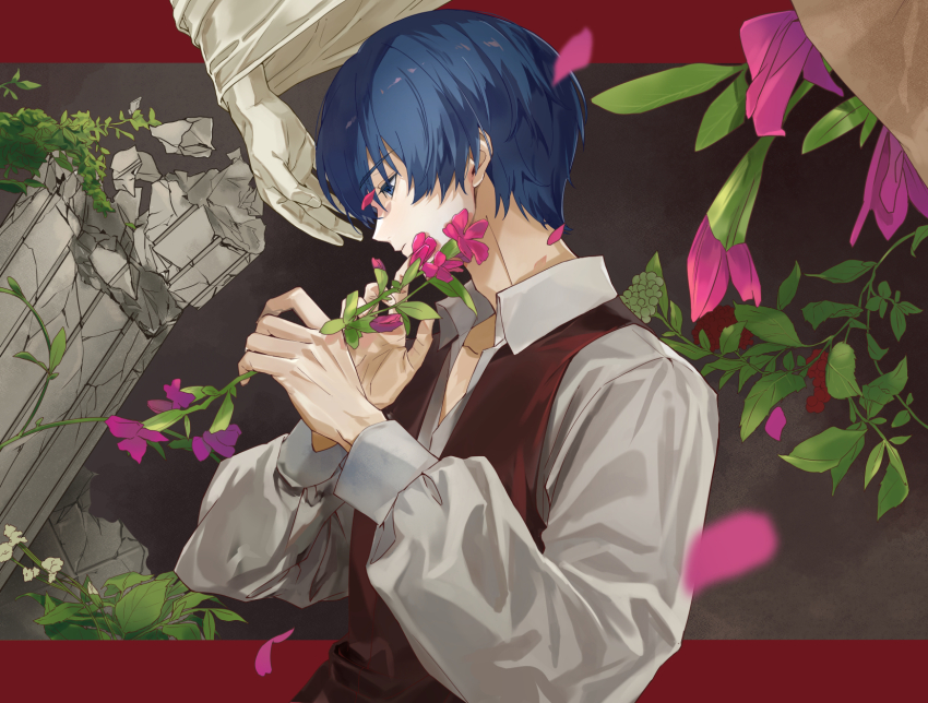 1boy, arms_up, blue_eyes, blue_hair, broken_pillar, closed_mouth, collared_shirt, commentary