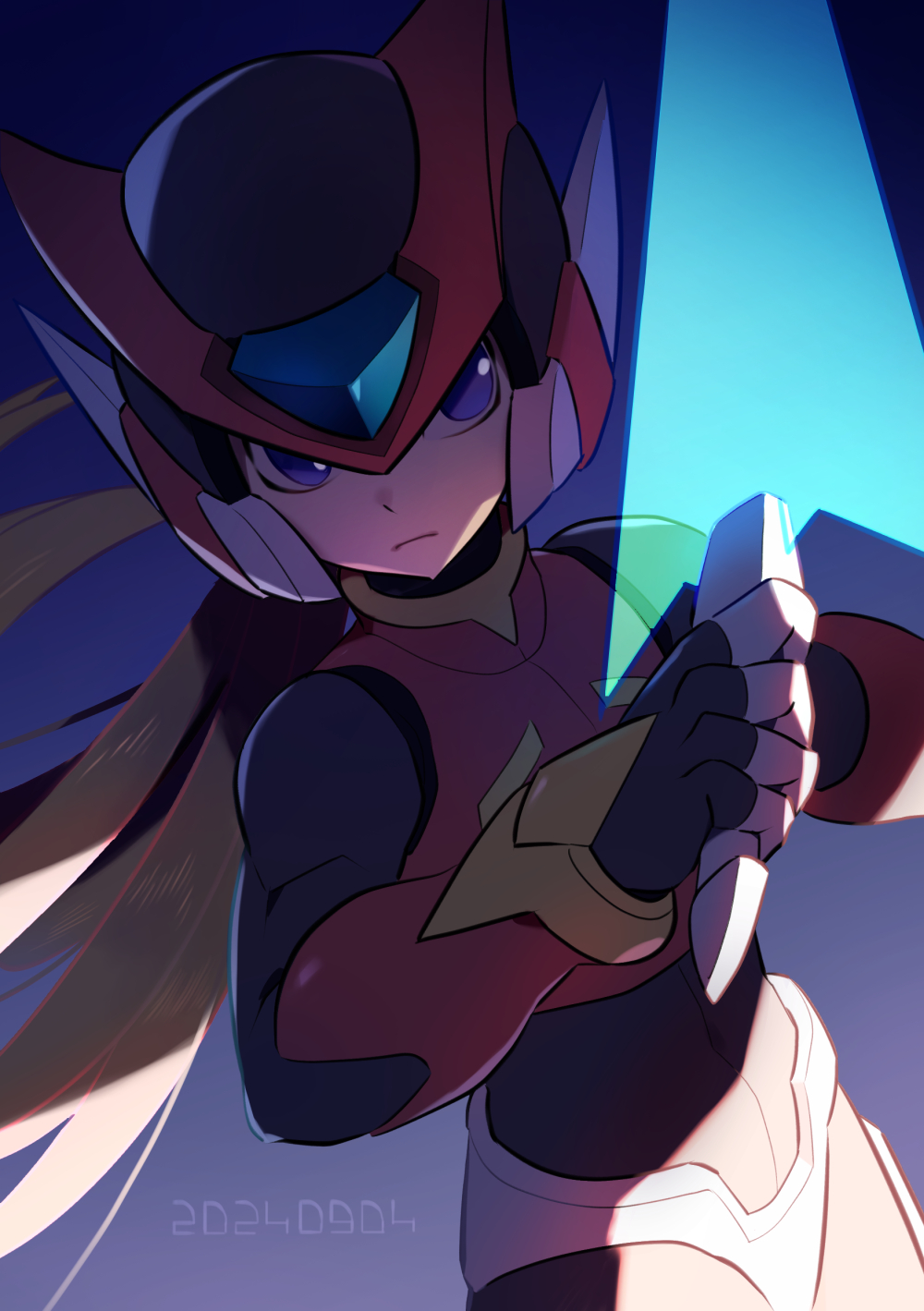 1boy, armor, blonde_hair, blue_eyes, cowboy_shot, dated, energy_sword, forehead_jewel