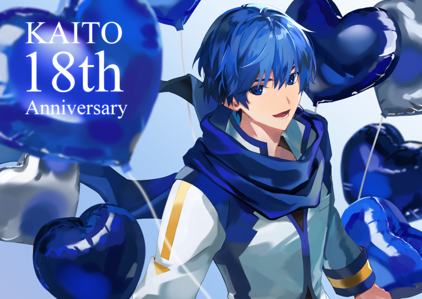 1boy, balloon, blue_hair, blue_scarf, blue_theme, blue_trim, character_name, coat