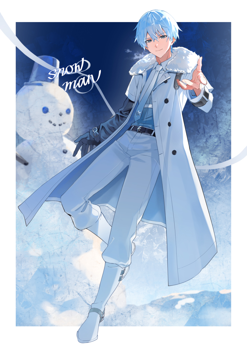 1boy, arm_belt, arm_up, belt, black_belt, black_gloves, blue_eyes, blue_hair, boots, border, closed_mouth, coat, collared_shirt, commentary, kaito_(diamond_dust)_(vocaloid), dutch_angle, elbow_gloves, eme_de_ank, english_text, fur-trimmed_coat, fur_trim, gloves, hair_between_eyes, hashtag-only_commentary, highres, kaito_(vocaloid), looking_at_viewer, male_focus, necktie, official_alternate_costume, outside_border, outstretched_arm, outstretched_hand, pants, project_diva_(series), shirt, short_sleeves, single_elbow_glove, smile, snow, snowman, solo, standing, standing_on_one_leg, vocaloid, white_background, white_boots, white_border, white_coat, white_fur, white_necktie, white_pants, white_shirt, wing_collar, winter
