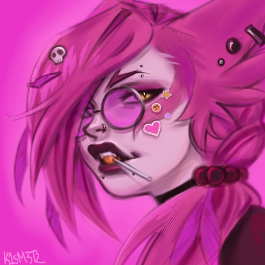 1girl, bead_hairband, black_choker, choker, ear_piercing, earrings, emoji, fangs