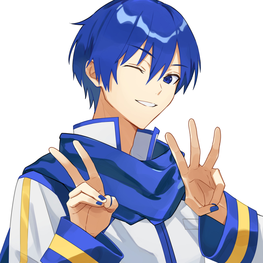 1boy, arms_up, blue_eyes, blue_hair, blue_nails, blue_scarf, blue_trim, coat