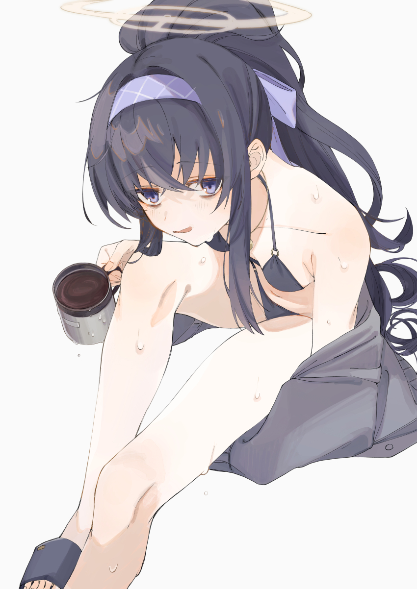 1girl, absurdres, bikini, black_eyes, black_hair, blue_archive, coffee, cup