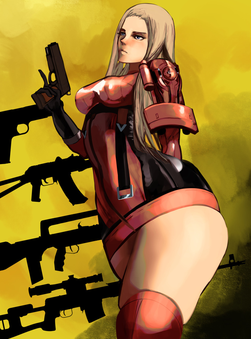 1girl, absurdres, assault_rifle, belt, blonde_hair, blue_eyes, breasts, bullpup, famas, gun, handgun, highres, medium_breasts, metal_gear_(series), metal_gear_acid, metal_gear_acid_2, pistol, pivotkraner, rifle, sniper_rifle, thick_thighs, thighhighs, thighs, turtleneck, venus_(mga), weapon, yellow_background