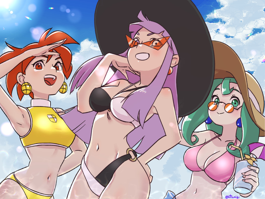 3girls, bare_shoulders, breasts, cleavage, earrings, glasses, grandia, grandia_i, green_eyes, green_hair, hat, highres, jewelry, looking_at_viewer, mimimimiguchan, mio_(grandia), multiple_girls, nana_(grandia), navel, open_mouth, orange_eyes, orange_hair, purple_eyes, purple_hair, saki_(grandia), short_hair, smile, summer, sunglasses, swimsuit