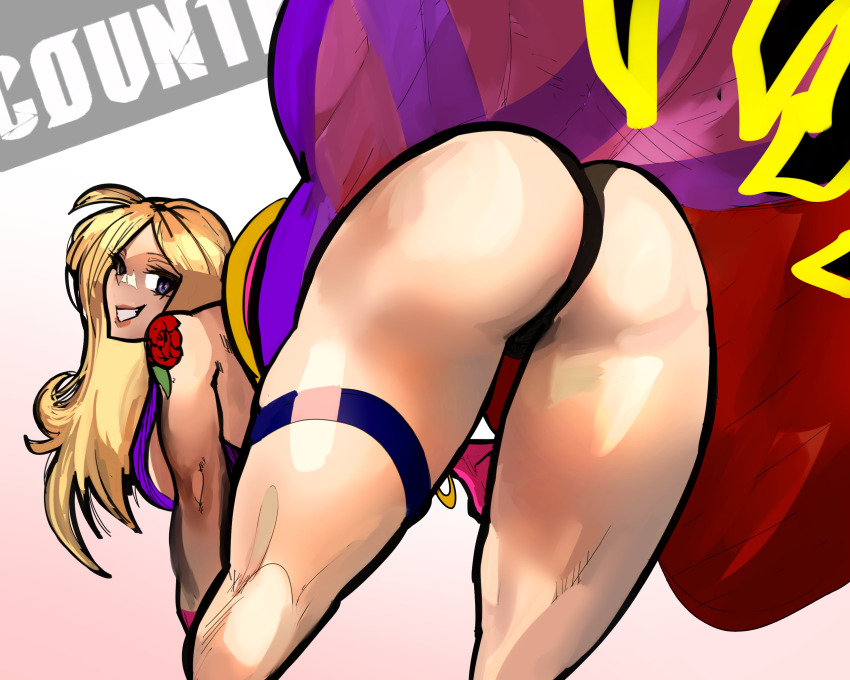 1girl, absurdres, arm_tattoo, ass, black_panties, blonde_hair, breasts, clothes_lift, dress, english_text, fatal_fury, garou:_mark_of_the_wolves, highres, b._jenet, lipstick, looking_back, makeup, medium_breasts, panties, pivotkraner, purple_dress, rose_tattoo, skirt, skirt_lift, smirk, tattoo, the_king_of_fighters, underwear