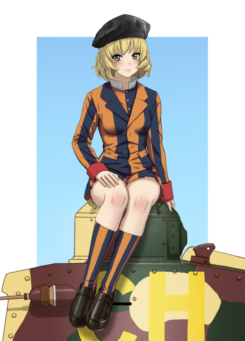 1girl, ayase_(ayase_m712), beret, black_hat, black_shoes, blonde_hair, blue_background, blue_eyes