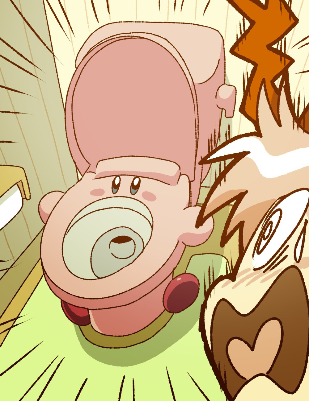 1girl, blush_stickers, commentary_request, emphasis_lines, highres, kirby, kirby_(series), looking_at_another