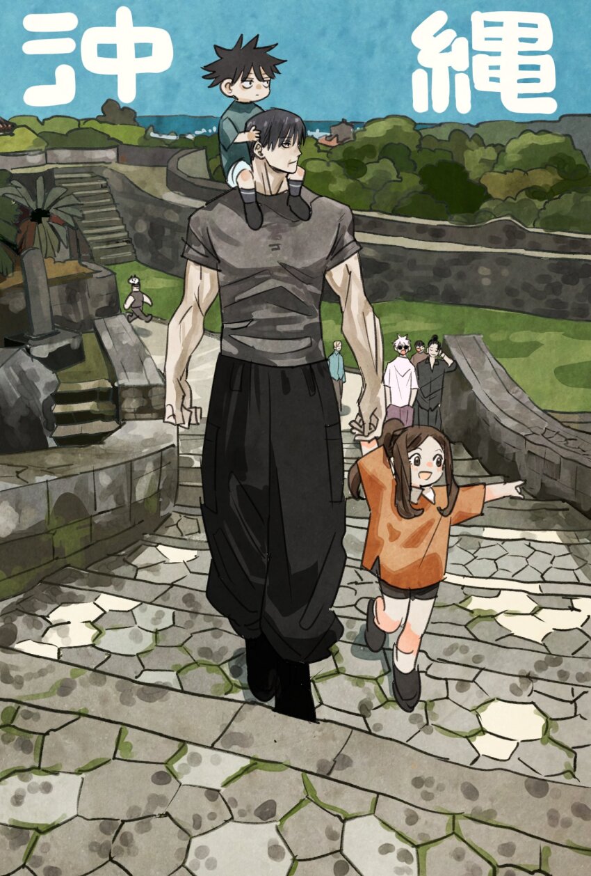 1girl, 6+boys, black_hair, black_pants, black_shirt, blue_sky, brown_hair, child