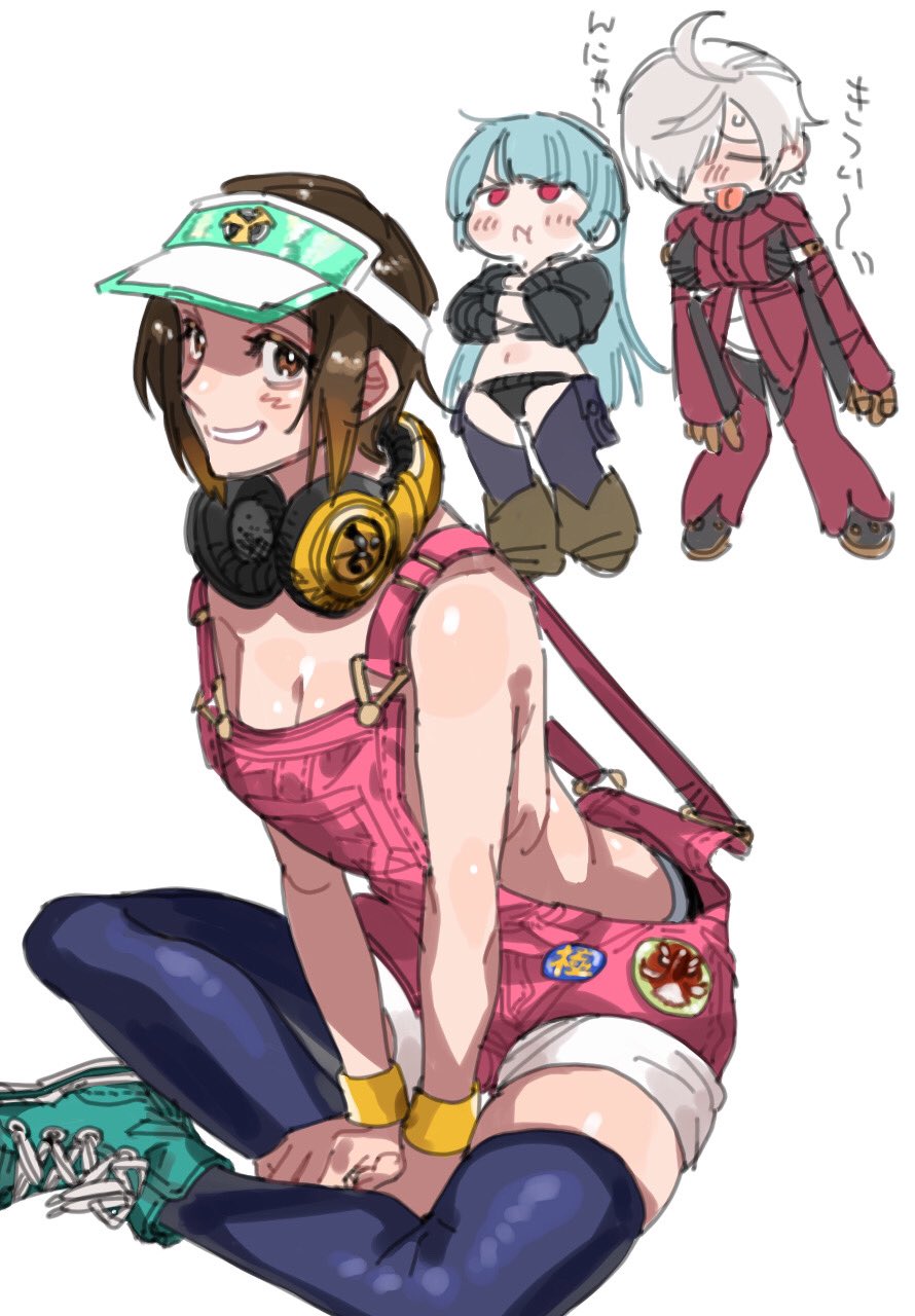 angel_(kof), angel_(kof)_(cosplay), backless_pants, black_panties, blush, boots, bra, breasts, chaps, cleavage, cosplay, cowboy_boots, cropped_jacket, fingerless_gloves, full_body, gloves, hair_over_one_eye, highres, jacket, kula_diamond, kula_diamond_(cosplay), large_breasts, leather, leather_jacket, looking_at_viewer, midriff, multiple_girls, naked_overalls, overalls, panties, pants, red_eyes, short_hair, sleeves_pushed_up, smile, snk, snk_heroines:_tag_team_frenzy, strapless, strapless_bra, the_king_of_fighters, tobari18, underwear, yuri_sakazaki, zipper_pull_tab