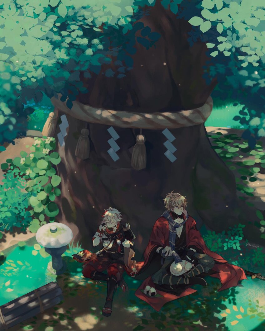 2boys, antenna_hair, armor, artist_name, asymmetrical_sleeves, bandaged_arm, bandages, bead_bracelet, beads, belt, black_belt, black_footwear, black_gloves, black_kimono, black_scarf, blonde_hair, blue_scarf, bracelet, brown_shorts, bush, cat, chest_belt, cleavage_cutout, closed_eyes, closed_mouth, clothing_cutout, coat, collarbone, commentary, crossed_bangs, dappled_sunlight, day, dirt, english_commentary, fingerless_gloves, food, genshin_impact, gloves, grass, grey_pants, hair_between_eyes, hakama, hakama_shorts, hands_up, haori, high_ponytail, highres, holding, holding_food, holding_leaf, japanese_armor, japanese_clothes, jewelry, kaedehara_kazuha, katana, kazuha's_friend_(genshin_impact), kimono, kuro_lee, leaf, leaf_flute, leaf_print, long_hair, long_sleeves, looking_up, low_ponytail, male_focus, maple_leaf_print, mismatched_sleeves, multicolored_hair, multiple_boys, on_ground, onigiri, open_clothes, open_coat, outdoors, pants, pantyhose, pectoral_cleavage, pectorals, pom_pom_(clothes), ponytail, purple_eyes, red_coat, red_hair, red_pantyhose, red_scarf, rock, rope, sandals, scarf, shade, shide, shimenawa, short_sleeves, shorts, shoulder_armor, sidelocks, single_sode, sitting, smile, sode, stone_lantern, streaked_hair, sunlight, sword, tassel, tree, twitter_username, under_tree, weapon, white_cat, white_hair, white_kimono, wide_sleeves