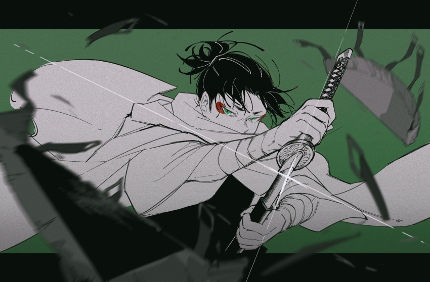 1boy, bandaged_arm, bandages, black_hair, blurry, blurry_background, blurry_foreground, cloak