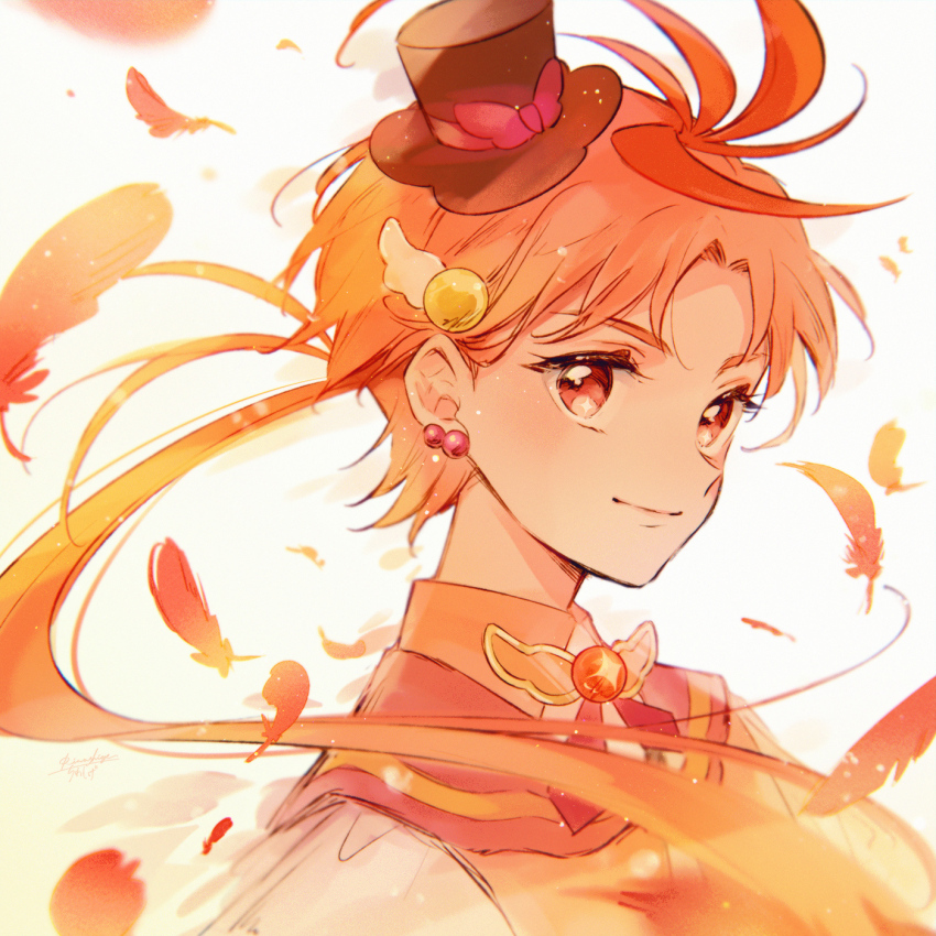 1boy, black_hat, brown_hair, closed_mouth, cure_wing, earrings, floating_hair, hat