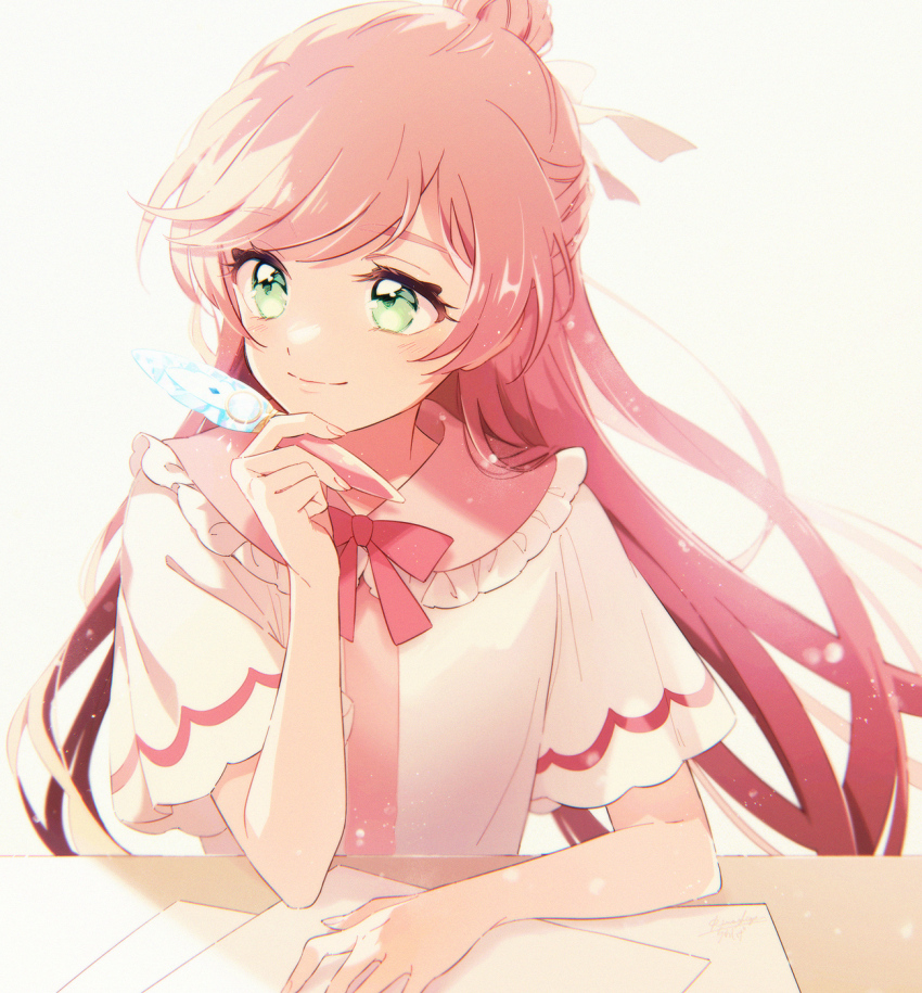 1girl, brown_hair, closed_mouth, floating_hair, green_eyes, hair_ribbon, highres, hirogaru_sky!_precure, holding, holding_pen, lanzhu, long_hair, looking_to_the_side, neck_ribbon, nijigaoka_mashiro, pen, ponytail, precure, red_ribbon, ribbon, shirt, short_sleeves, simple_background, smile, solo, swept_bangs, upper_body, very_long_hair, white_background, white_ribbon, white_shirt