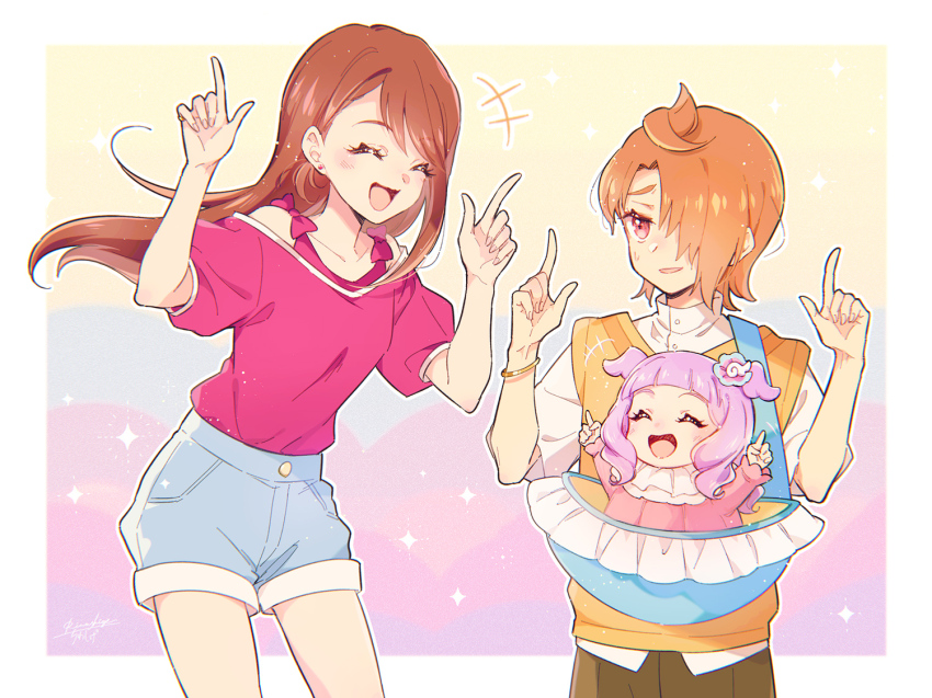 1boy, 2girls, :d, ^_^, baby, blue_shorts, border, bracelet