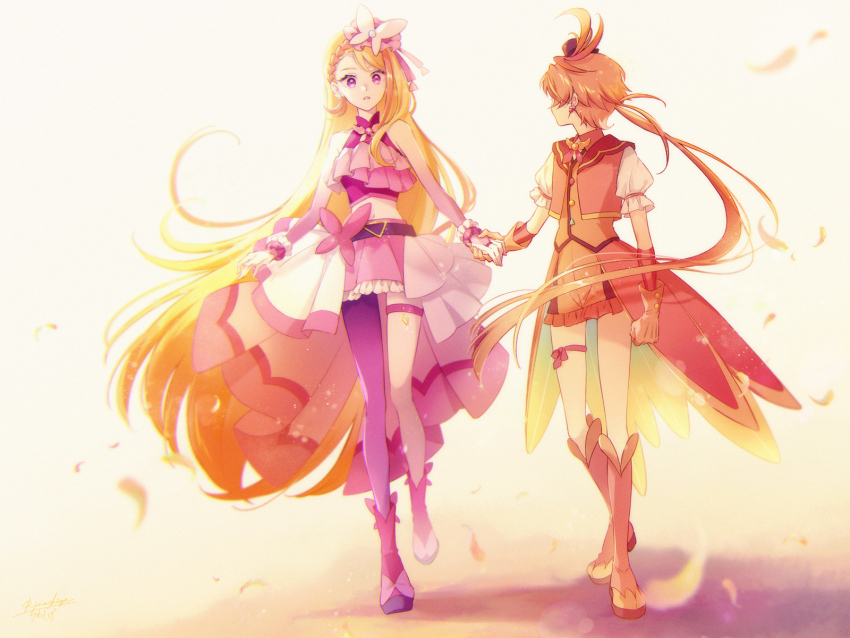 1boy, 1girl, black_hat, blonde_hair, boots, bridal_gauntlets, brown_hair, cape