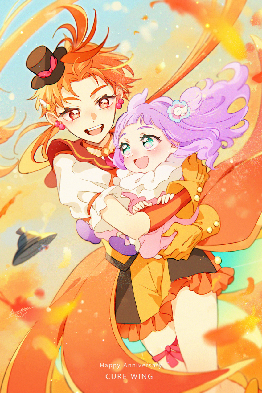 1boy, 1girl, :d, aqua_eyes, arm_warmers, black_hat, blush, cape