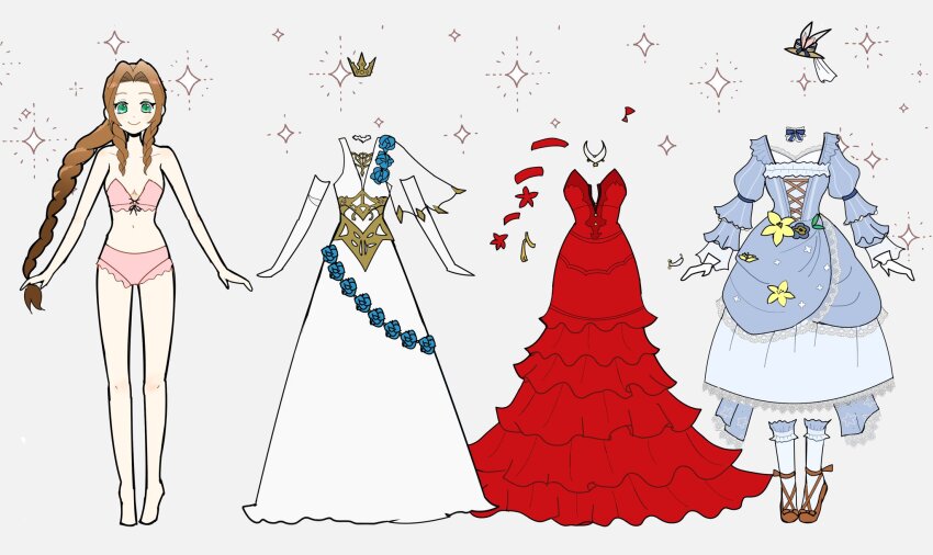 1girl, aerith_gainsborough, aerith_gainsborough_(classic_coney), aerith_gainsborough_(prism_dress), aerith_gainsborough_(red_dress), animal_ears, armlet, bare_arms