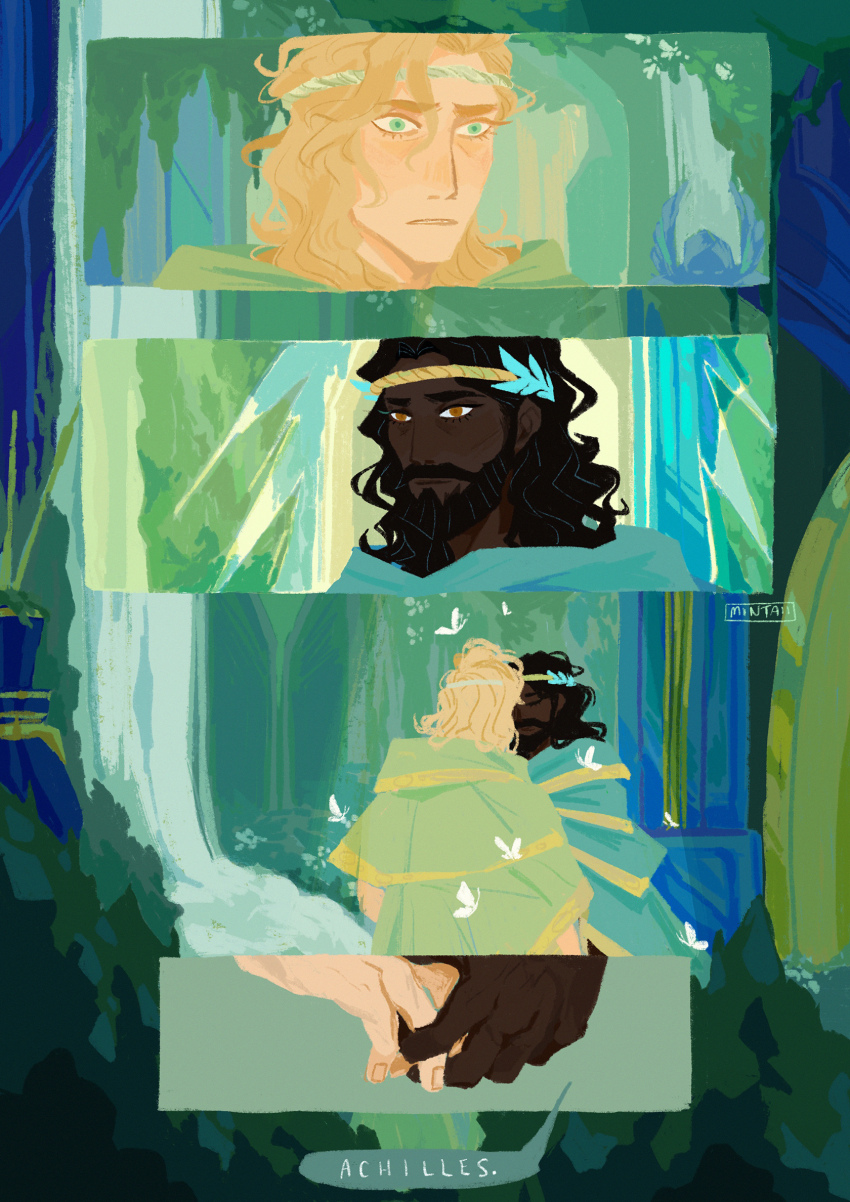 2boys, achilles_(hades), beard, black_hair, blonde_hair, bug, butterfly, character_name