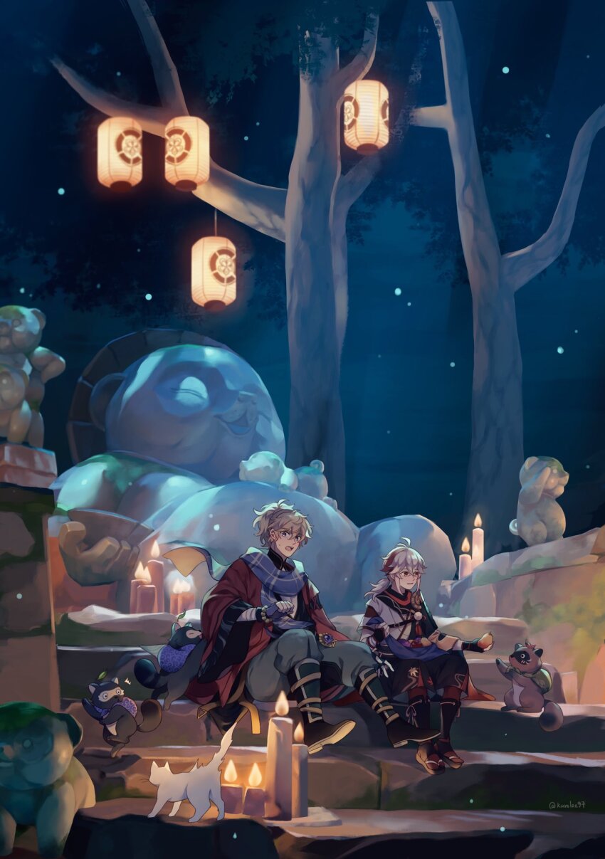 2boys, ^^^, antenna_hair, apple, artist_name, asymmetrical_sleeves, bake-danuki_(genshin_impact), bandaged_arm