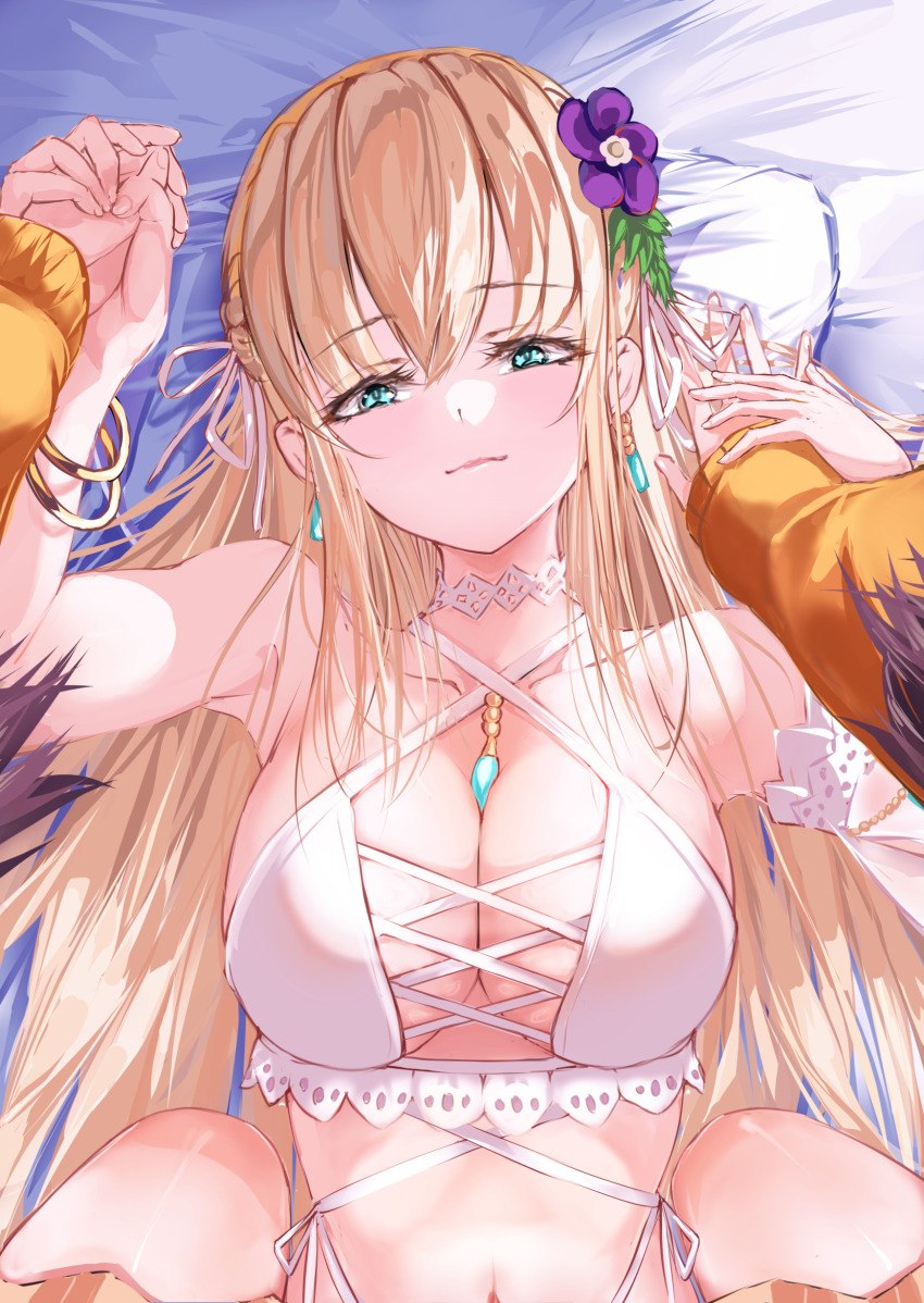 2girls, absurdres, asakura_karen_(heaven_burns_red), bikini, blonde_hair, braid, breasts, cleavage, come_hither, female_pov, fuuka_koji, green_eyes, hair_ribbon, half_up_braid, heaven_burns_red, highres, holding_hands, long_hair, lying, multiple_girls, navel, on_back, pov, ribbon, swimsuit, toujou_tsukasa, toujou_tsukasa_(midsummer_prayer), white_bikini, white_ribbon, yuri