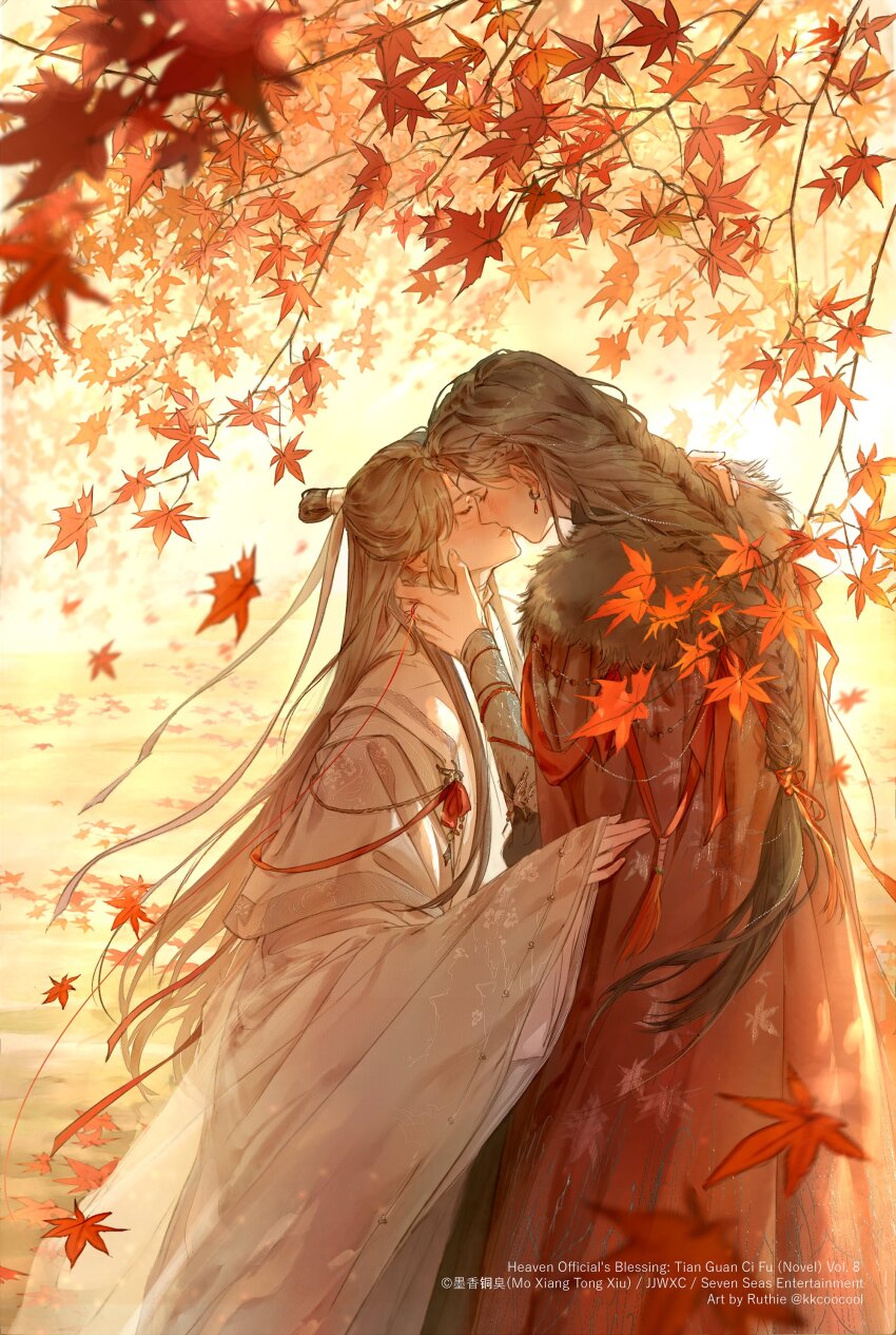 2boys, absurdres, autumn, autumn_leaves, black_hair, bracer, braid, brown_hair