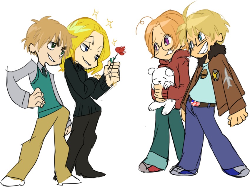 4boys, ahoge, america_(hetalia), axis_powers_hetalia, bad_id, bad_pixiv_id, bear, blonde_hair, blue_eyes, canada_(hetalia), flat_color, flower, france_(hetalia), full_body, green_eyes, jacket, male_focus, multiple_boys, nonoooo, panty_&amp;_stocking_with_garterbelt, parody, plant, polar_bear, purple_eyes, rose, simple_background, style_parody, sweater, tehryu, united_kingdom_(hetalia), white_background