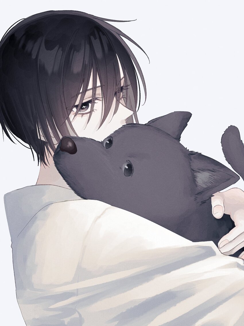 1boy, 1girl, animalization, baby_(demotsu), black_eyes, black_fur, black_hair, bob_cut