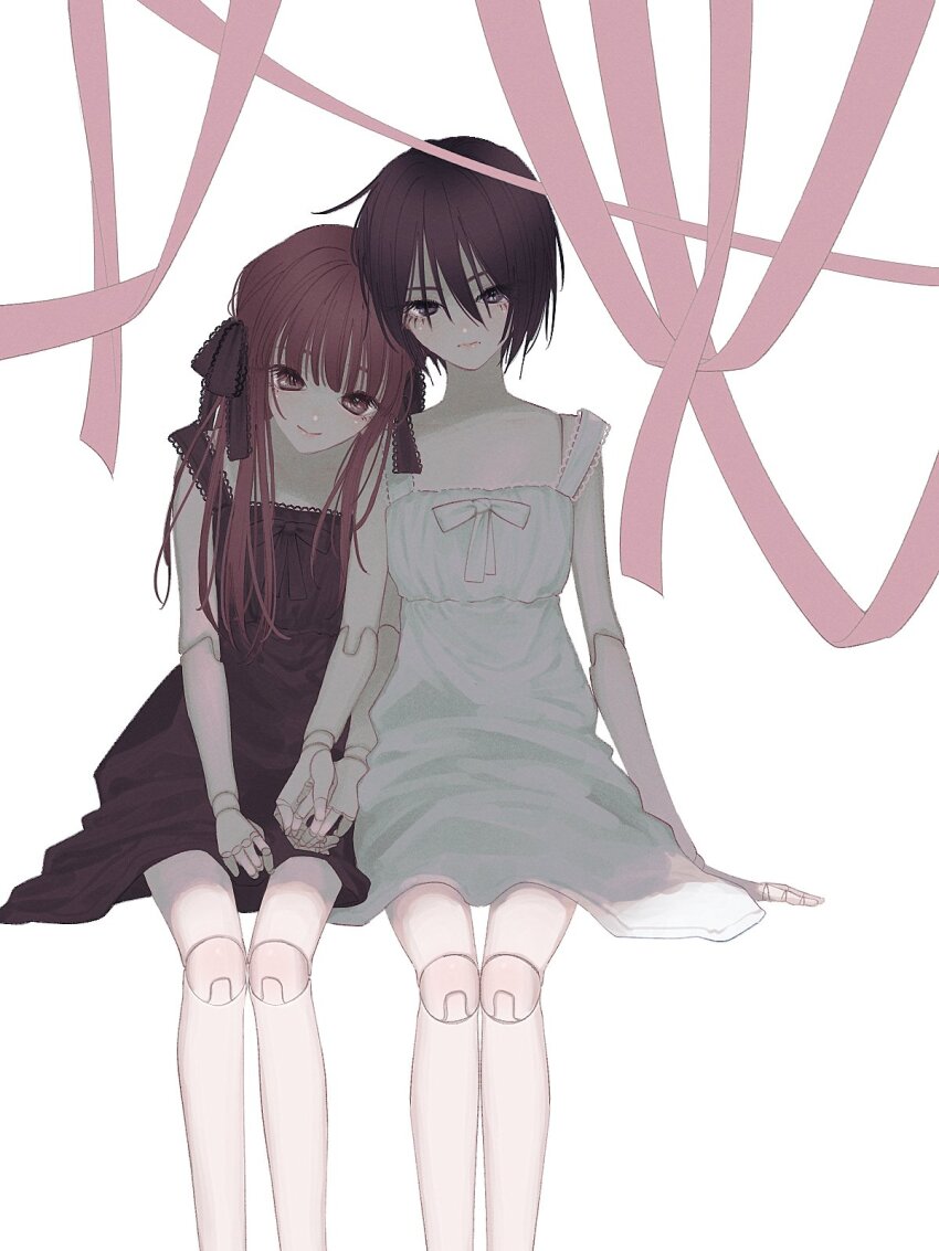 2girls, baby_(demotsu), black_dress, black_eyes, black_hair, black_ribbon, brown_eyes, brown_hair