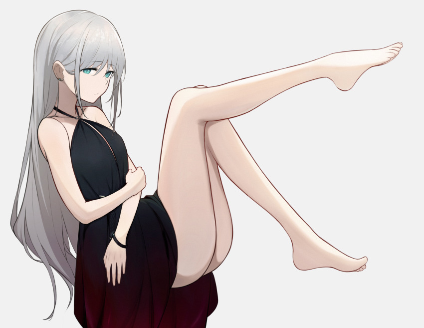 1girl, an-94_(girls'_frontline), an-94_(silent_rouge)_(girls'_frontline), ass, bare_legs, barefoot, black_dress, blue_eyes