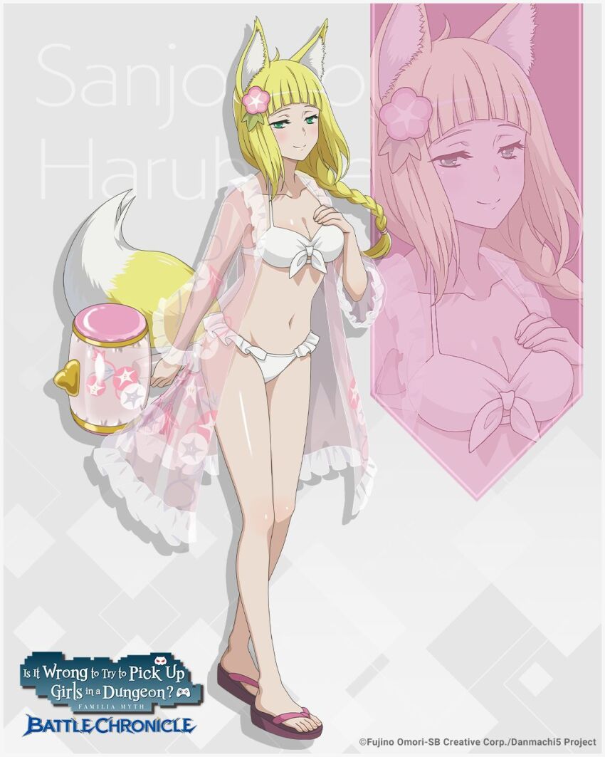 1girl, animal_ears, bikini, blonde_hair, braid, breasts, danmachi_battle_chronicle, dungeon_ni_deai_wo_motomeru_no_wa_machigatteiru_darou_ka, english_text, flip-flops, flower, fox_ears, fox_girl, fox_tail, green_eyes, hair_flower, hair_ornament, hammer, highres, inflatable_hammer, large_breasts, official_art, sandals, sanjouno_haruhime, see-through_clothes, single_braid, swimsuit, tail, white_bikini