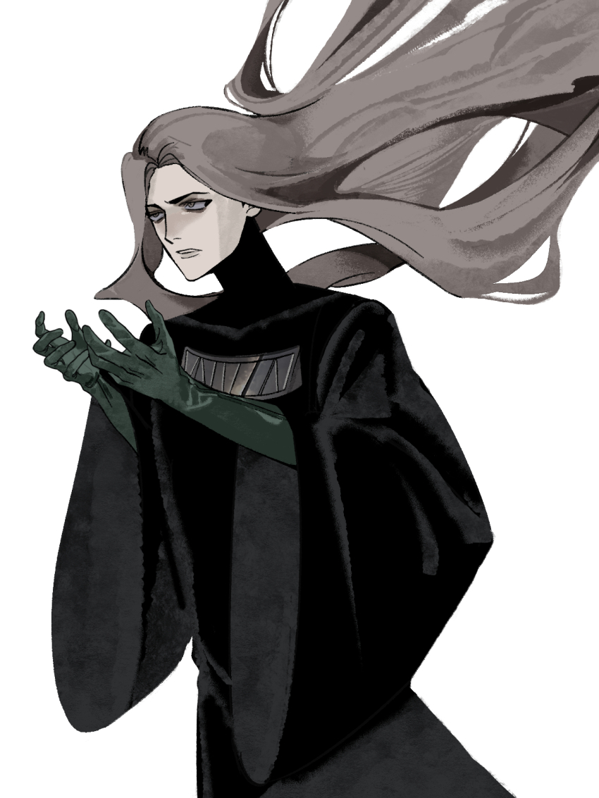 1boy, arms_up, black_robe, brown_hair, commentary, cowboy_shot, english_commentary, enki_(fear_&amp;_hunger)