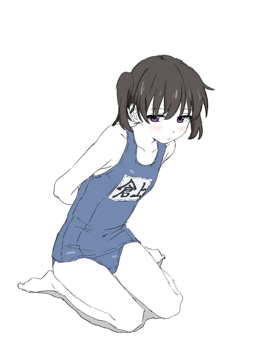 1girl, arms_behind_back, black_hair, highres, one-piece_swimsuit, original, purple_eyes, sitting