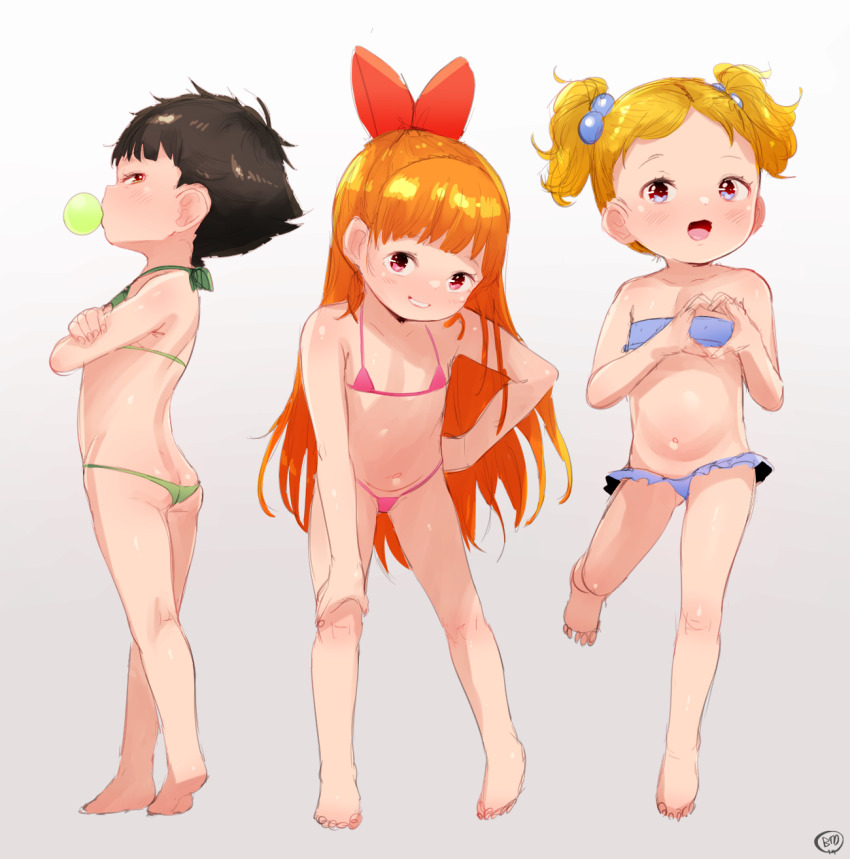 3girls, :d, ass, bare_legs, barefoot, bikini, black_hair, blonde_hair