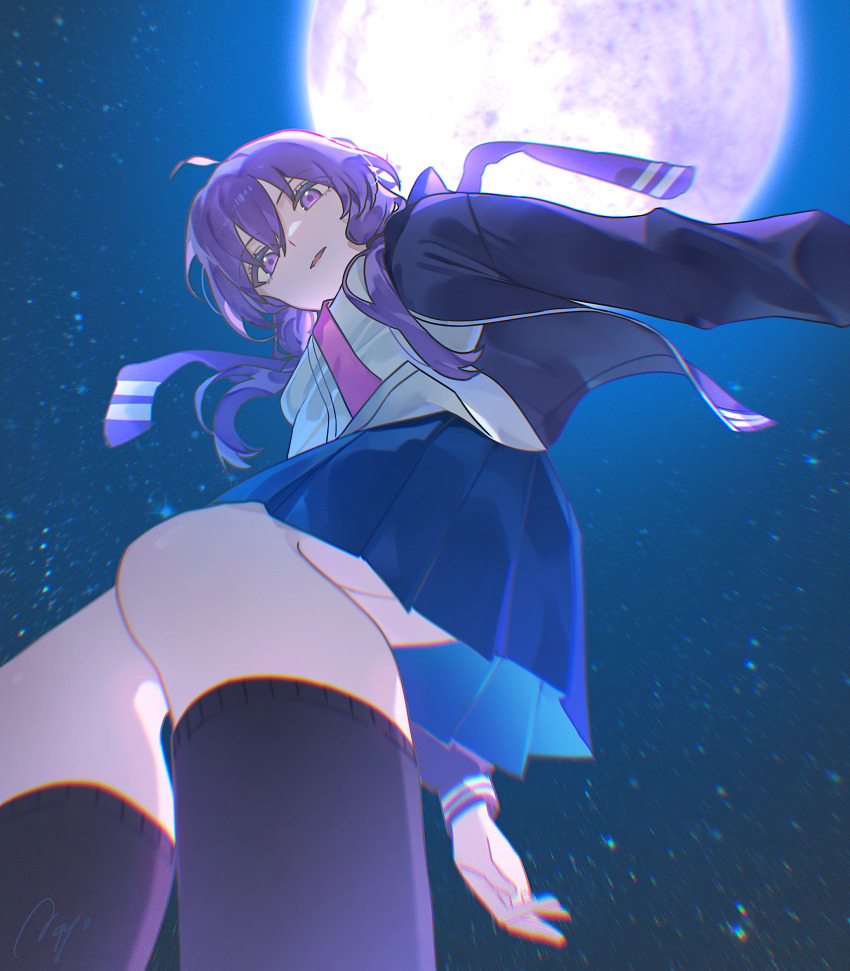 1girl, absurdres, agyou_sonokou_l, ahoge, black_jacket, black_socks, blazer, chromatic_aberration, feet_out_of_frame, from_below, full_moon, highres, jacket, kibou_no_tsuki_(vocaloid), long_hair, long_sleeves, looking_at_viewer, miniskirt, moon, night, open_clothes, open_jacket, parted_lips, pleated_skirt, purple_eyes, purple_hair, shirt, skirt, sky, sleeve_cuffs, socks, solo, vocaloid, white_shirt, yuzuki_yukari