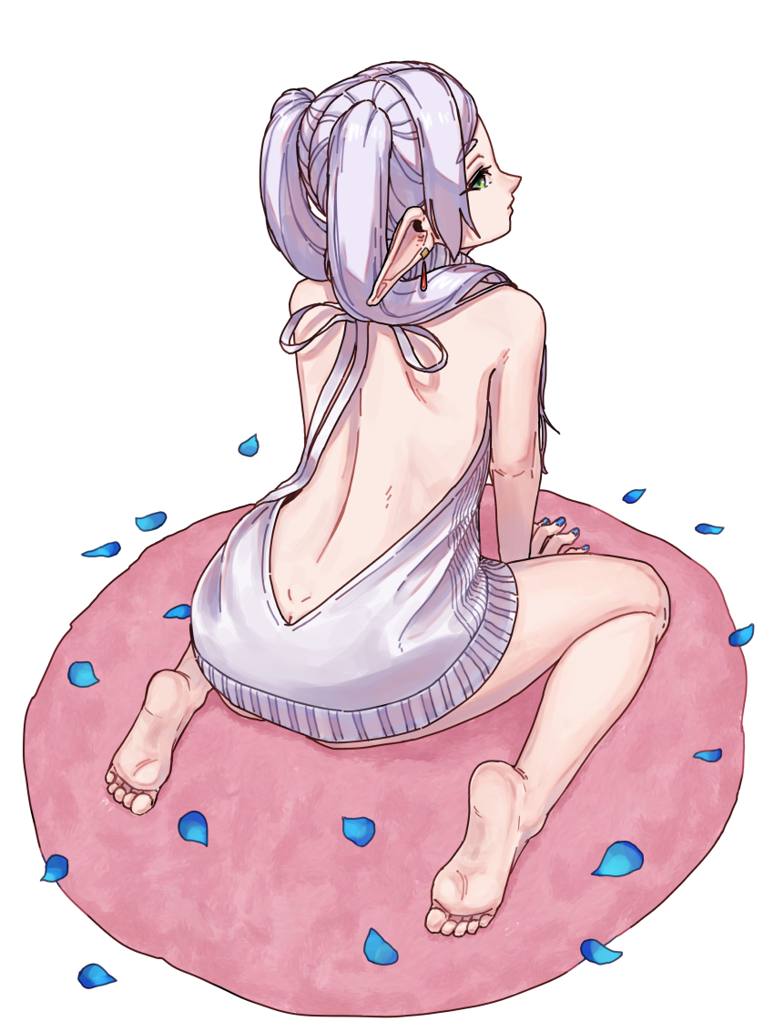 1girl, absurdres, all_fours, ass, bare_back, bare_shoulders, barefoot, blue_petals, dimples_of_venus, elf, feet, fingernails, frieren, from_above, from_behind, highres, long_hair, petals, pointy_ears, raid_(donghyeok), simple_background, soles, solo, sousou_no_frieren, toes, twintails, virgin_destroyer_sweater, virgin_killer_sweater, white_background, white_hair