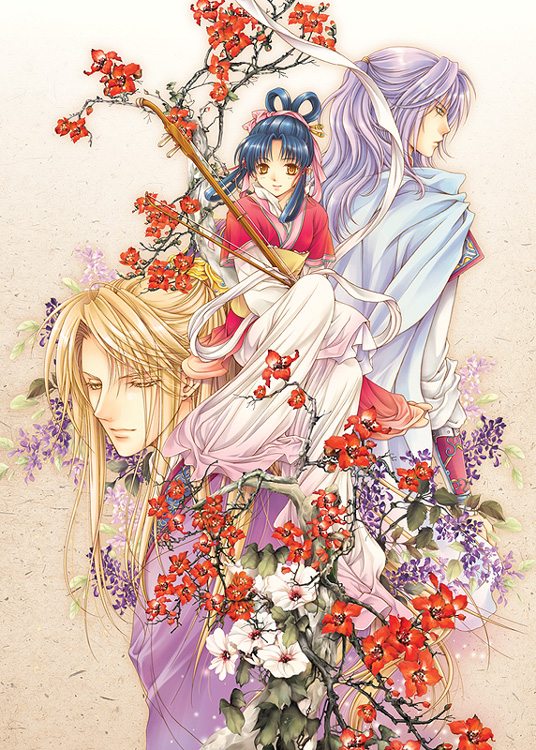 1girl, 2boys, ai_x_kira, black_hair, blonde_hair, chinese_clothes, flower, hair_rings