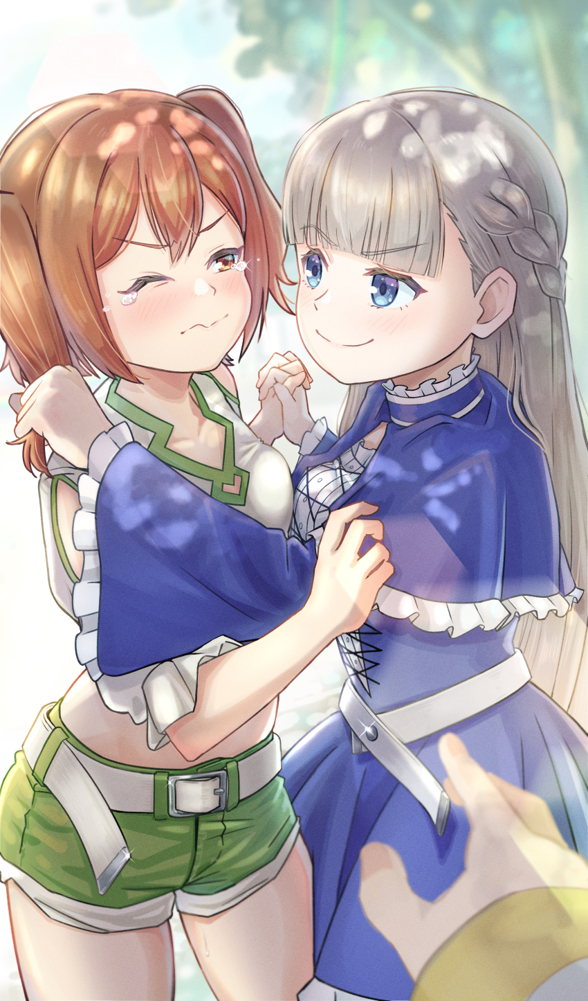 2girls, absurdres, blue_dress, blue_eyes, braid, bullying, collarbone, dress, frieren, frilled_dress, frills, gimi_00, grabbing_another's_hair, grey_hair, highres, holding_another's_hair, kanne_(sousou_no_frieren), lawine_(sousou_no_frieren), light_smile, long_hair, multiple_girls, one_eye_closed, orange_eyes, orange_hair, shorts, sousou_no_frieren, tearing_up, twintails, yuri