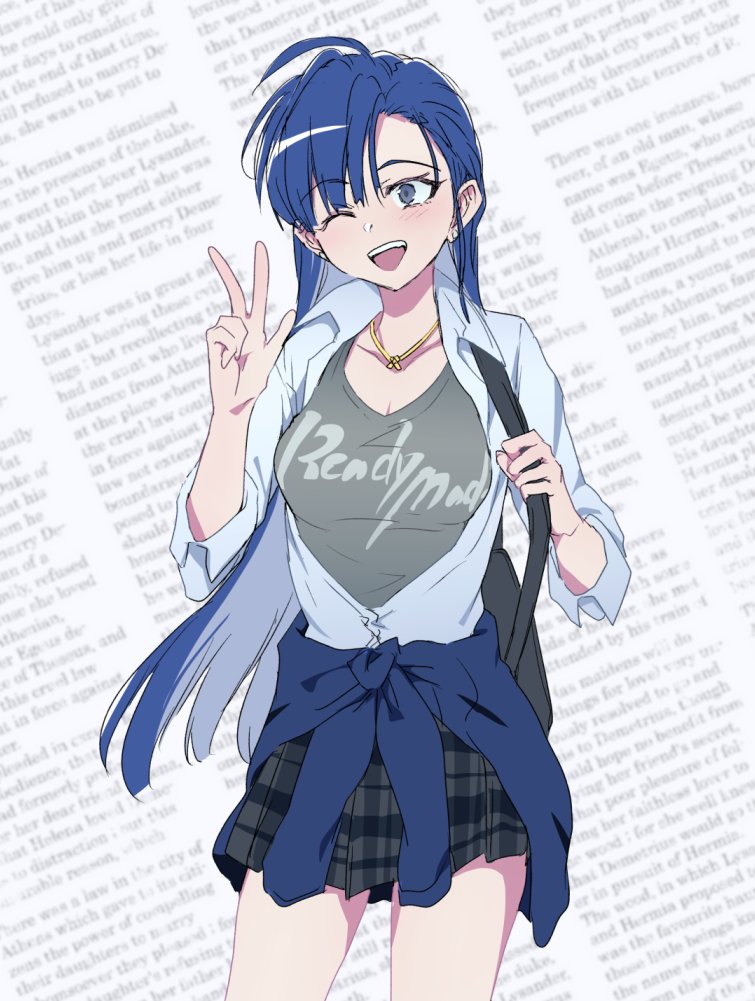 1girl, ado_(utaite), ahoge, bag, black_bag, blue_cardigan, blue_eyes, blue_hair, blush, breasts, cardigan, cardigan_around_waist, cleavage, clothes_around_waist, collarbone, commentary, dress_shirt, grey_shirt, grey_skirt, gyaru, hand_up, jewelry, long_hair, medium_breasts, merry_(ado), necklace, ohiyaglass, one_eye_closed, open_mouth, plaid_clothes, plaid_skirt, pleated_skirt, readymade_(ado), school_bag, school_uniform, shirt, skirt, solo, teeth, upper_teeth_only, v, w, white_shirt
