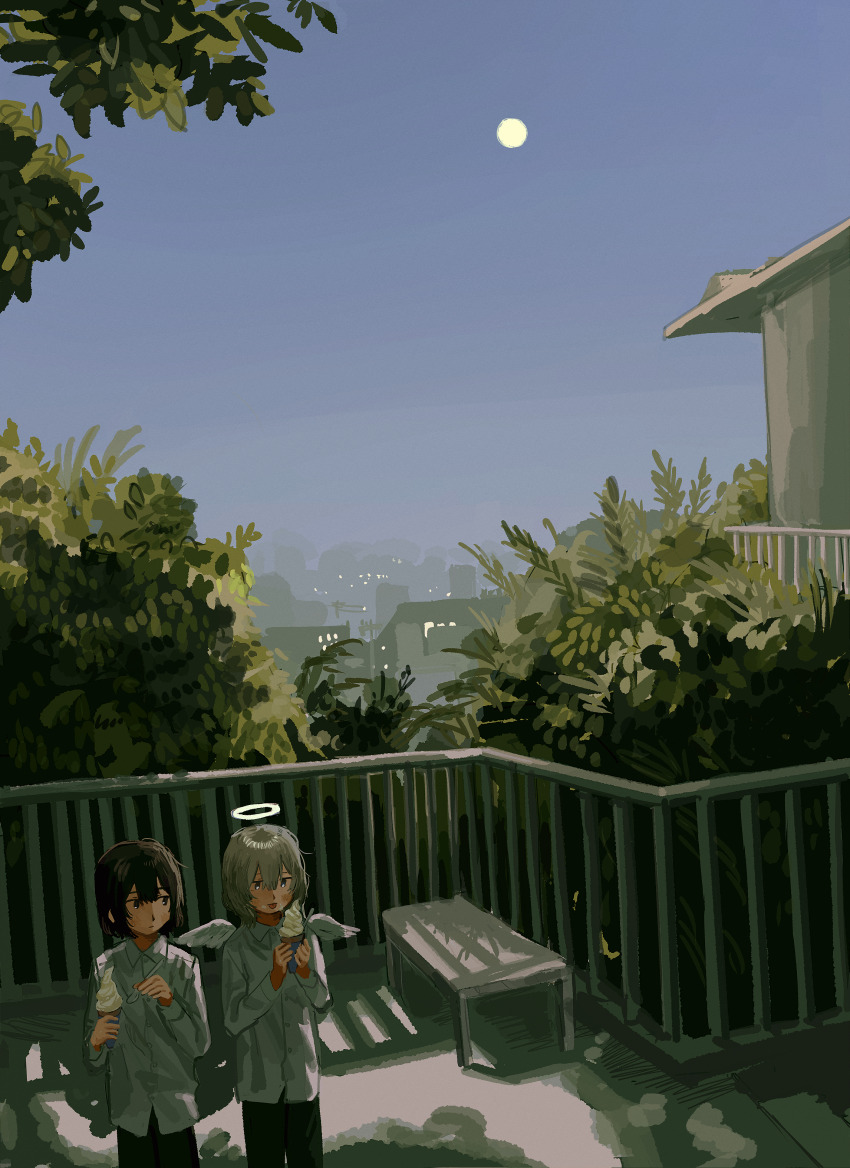 2others, absurdres, ambiguous_gender, angel, angel_wings, black_hair, black_pants, city, collared_shirt, commentary, food, full_moon, halo, highres, holding, holding_food, holding_ice_cream, holding_spoon, ice_cream, ice_cream_cone, long_sleeves, moon, multiple_others, original, pants, shirt, short_hair, spoon, tongue, tongue_out, tree, whale_daisuki, white_shirt, wings